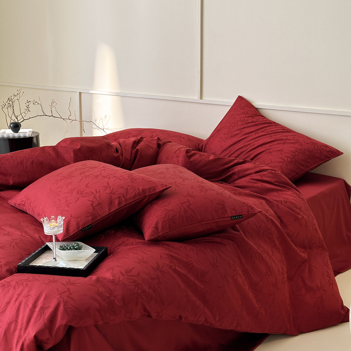 Premium-Bettwäschegarnitur aus Baumwollsatin mit feinem Ton-in-Ton Bambus-Jacquard