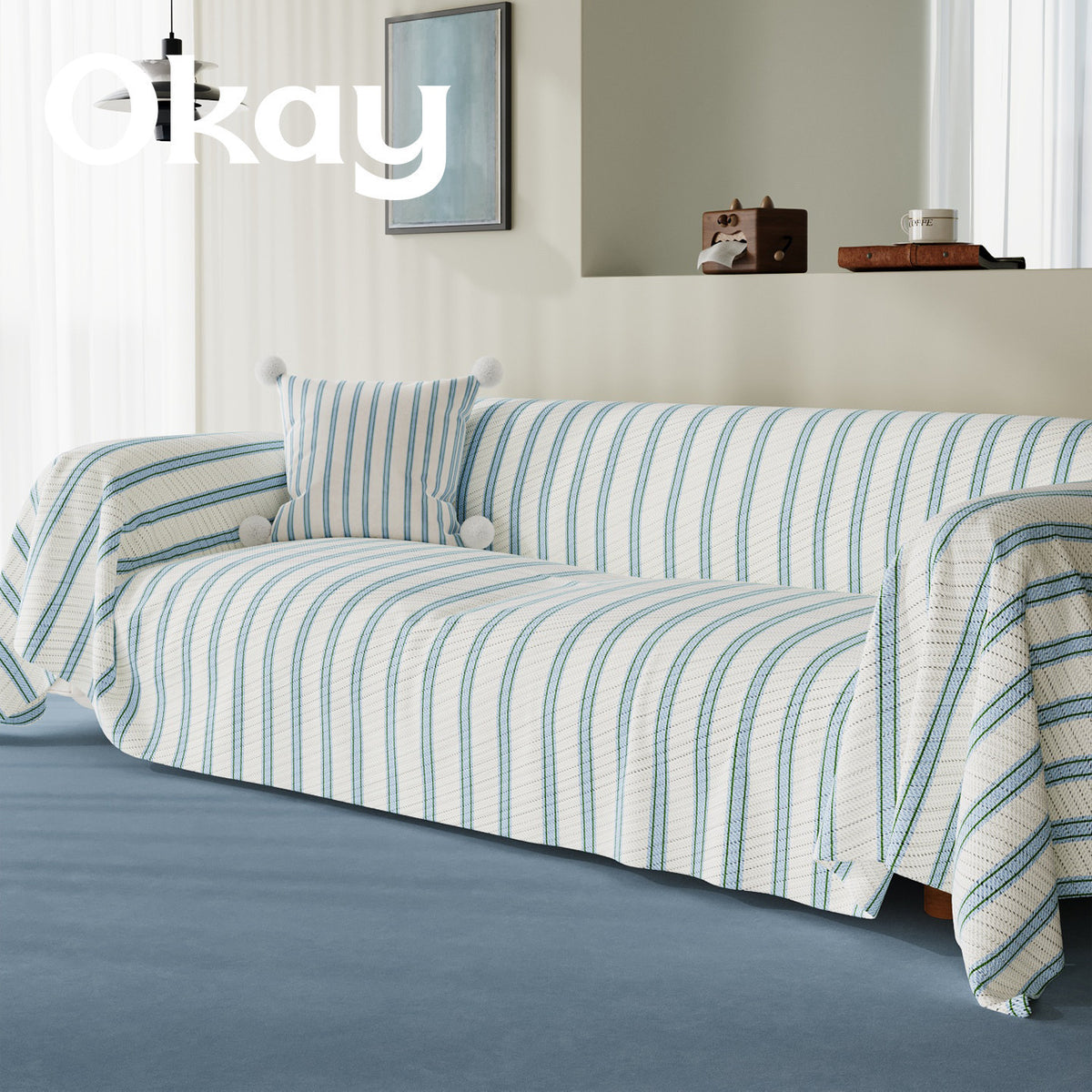 Striped Quilted Sofa Slipcover with Pom-Pom Accent Pillowcase
