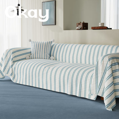 Striped Quilted Sofa Slipcover with Pom-Pom Accent Pillowcase