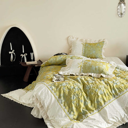 Satin-Trim Gequiltetes Jacquard Bettbezug Set mit Spitzenkante Kissenbezügen