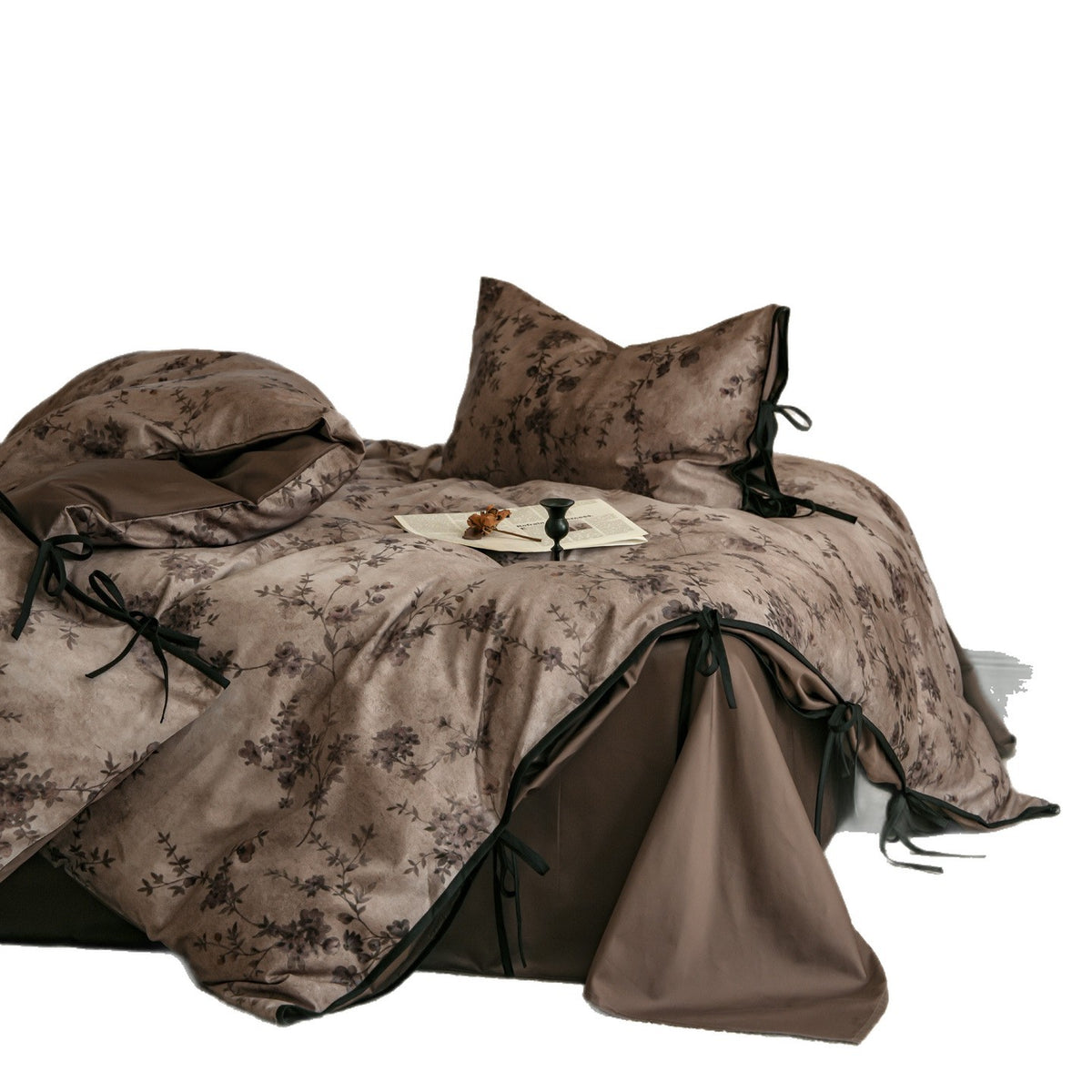 Vintage Floral Wende-Satin Bettbezug & Kissenbezug Set mit Bindungsdetails