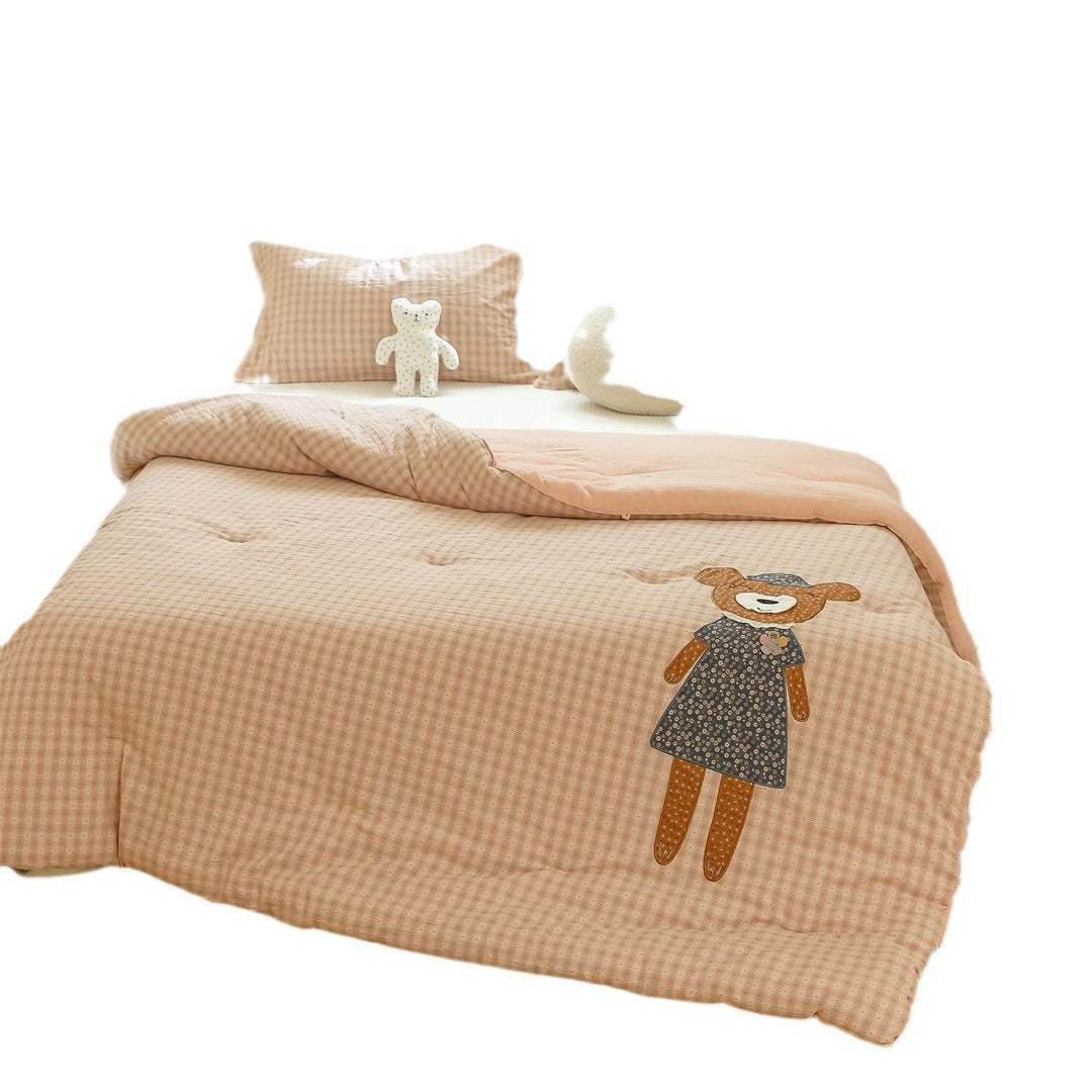 Kinder Stepp-Gingham Bettbezug Set mit Applikationsbär-Motiv