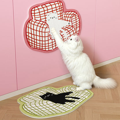 Wall-Mounted Cat Scratching Pad and Door Protector with Plush Sofa Illustration