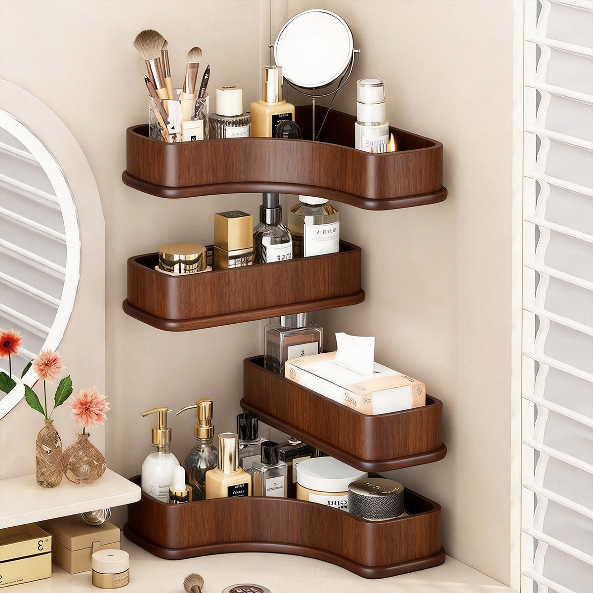 Gekrümmte Ecke Dreitier Metall Mesh Schminktisch und countertop Organizer
