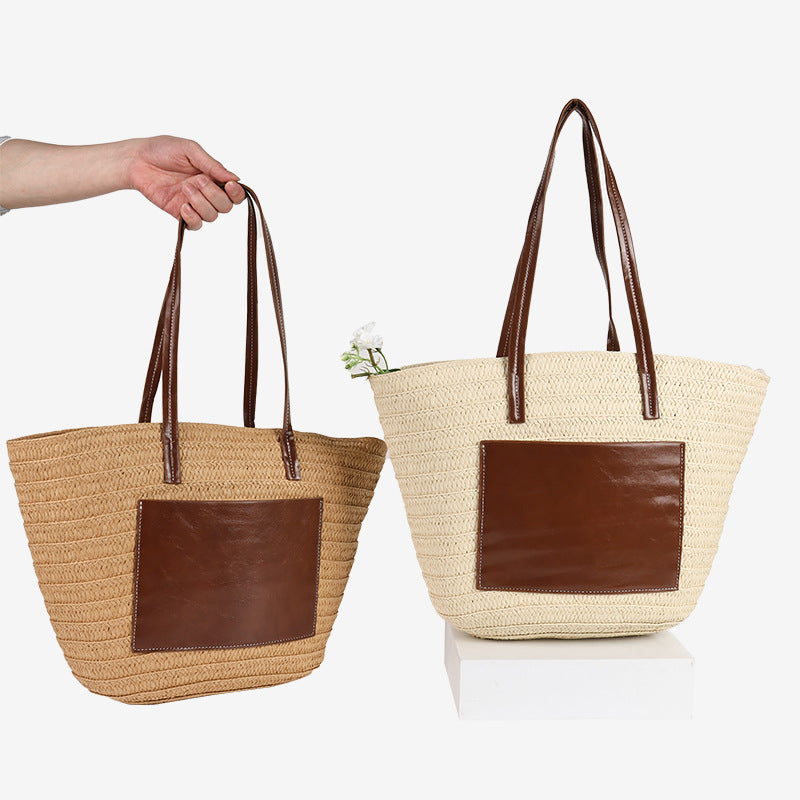 Damen Handgefertigte Tasche aus geflochtenem Naturmaterial mit eleganter Lederapplikation Brehn