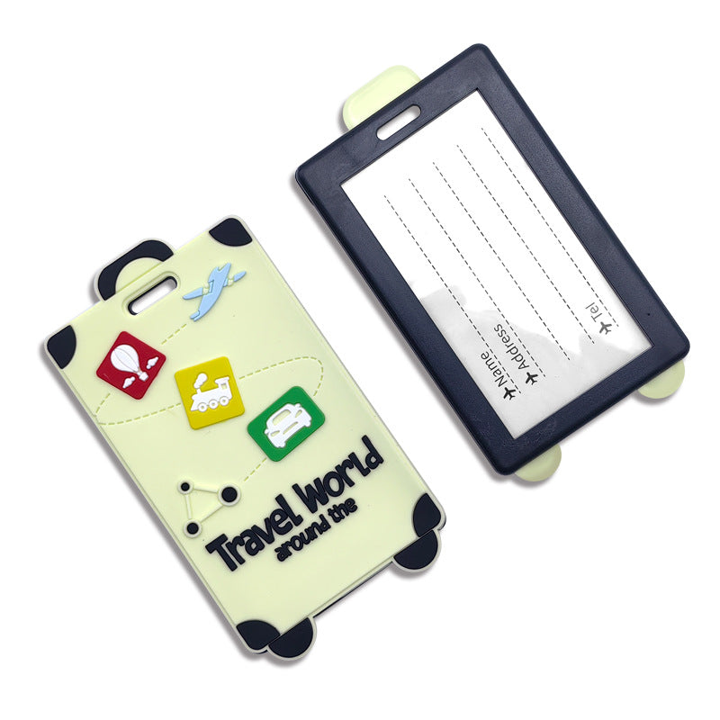 verspieltes Silikon-Gepäckanhängeschild mit klarem ID-Fenster und geprägten Reise-Icons Brehn