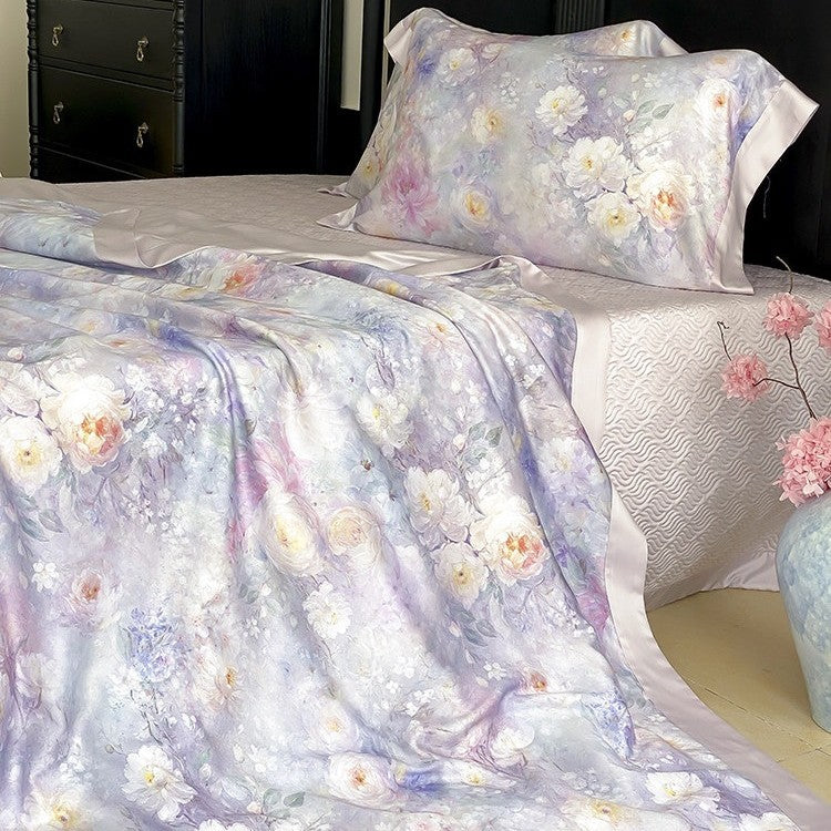Satin-Bettwäschegarnitur mit floralem Aquarellprint und seidig glänzendem Finish