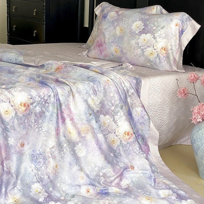 Satin-Bettwäschegarnitur mit floralem Aquarellprint und seidig glänzendem Finish