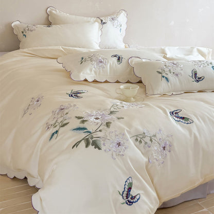 Bestickte florale Duvet-Bezug mit gewelltem Rand aus Baumwollsatin-Ensemble mit passenden Kissenbezügen