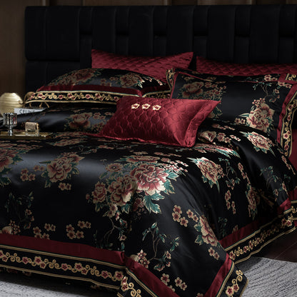 Luxus Satin Floral Jacquard Bettbezug Set mit gesteppter Kissenhülle & dekorativen Kissen