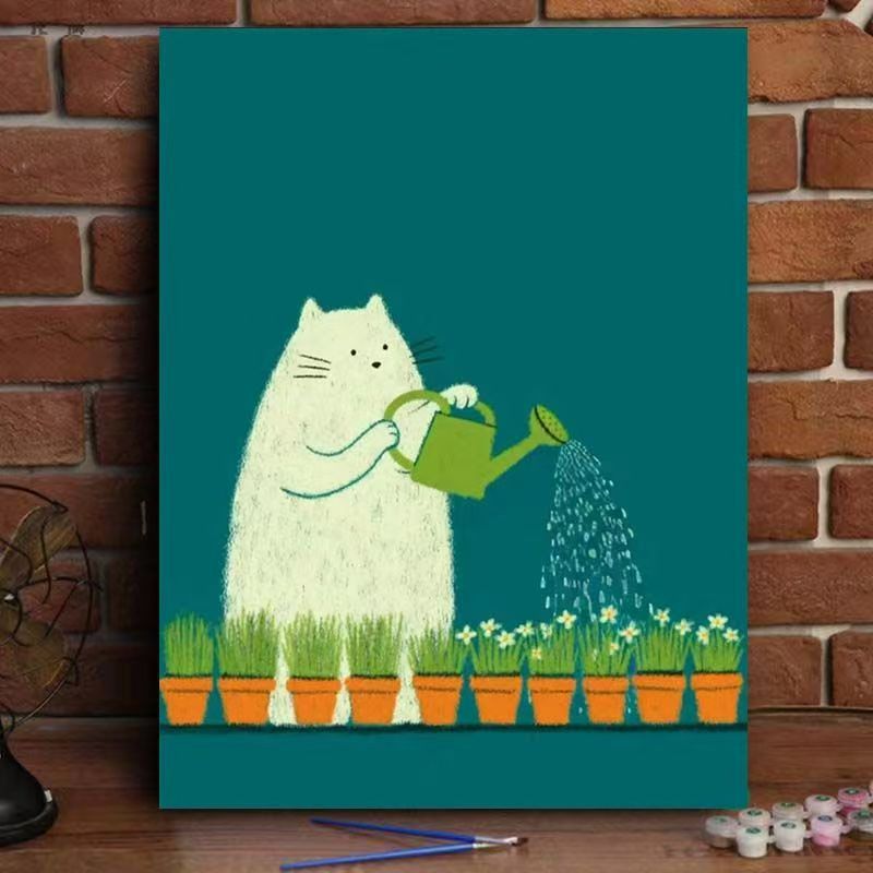Verspielte Katze gießende Pflanzen Leinwandkunst Brehn