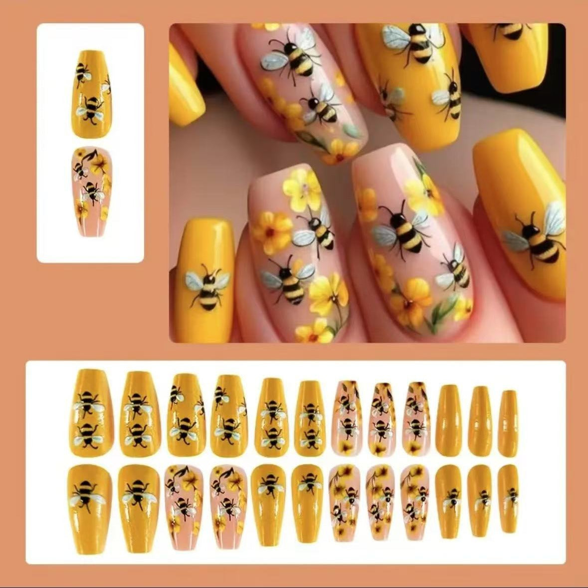 Kunstnagelset mit kreativen Bienen- und Blumendesigns Brehn