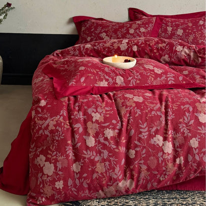 Premium-Bettwäschegarnitur aus Baumwollsatin mit floralem Jacquard und eleganter Leinenkante Brehn