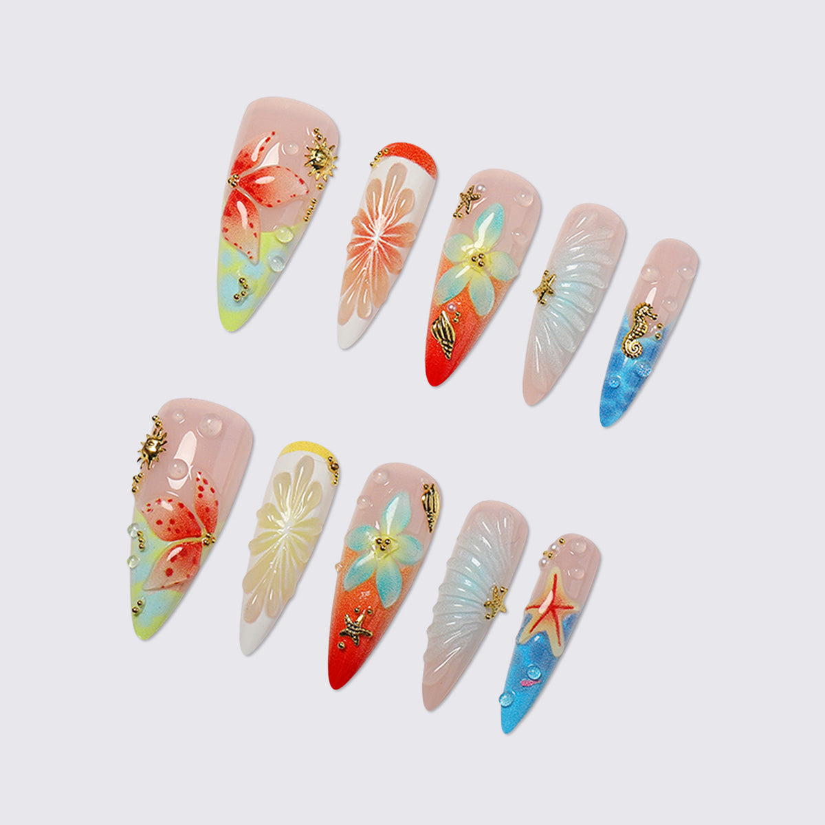 Künstlerisches floral und ozeanisches Press-On Nagelkunstset Brehn