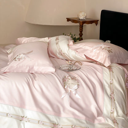 Bestickte Blumenband Baumwollsatin Bettbezug Set mit Kopfkissenrolle & Rüschen Kissenbezügen