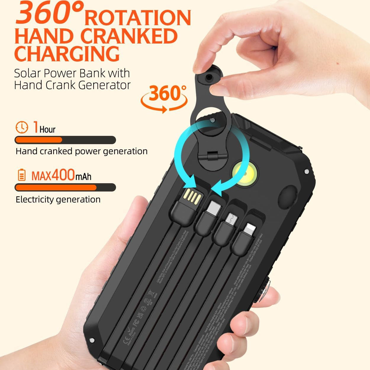 Solar-Powerbank mit Integrierten Ladekabeln und LED-Taschenlampe Brehn