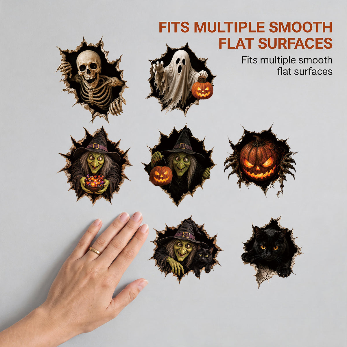 Realistisches 3D Wandtattoo Halloween‑Hexe mit durchbrechender Wand und Süßigkeiten