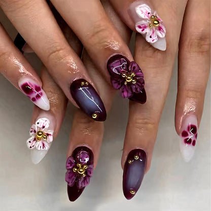 Floral-beschmückte Stiletto Press-On Nagelkunst Brehn