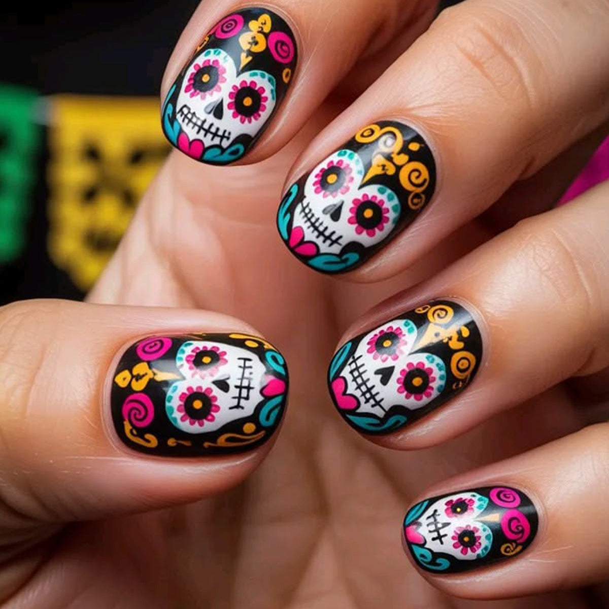 Künstlerische Zuckerschädel-Nagelkunst-Verlängerungen Brehn