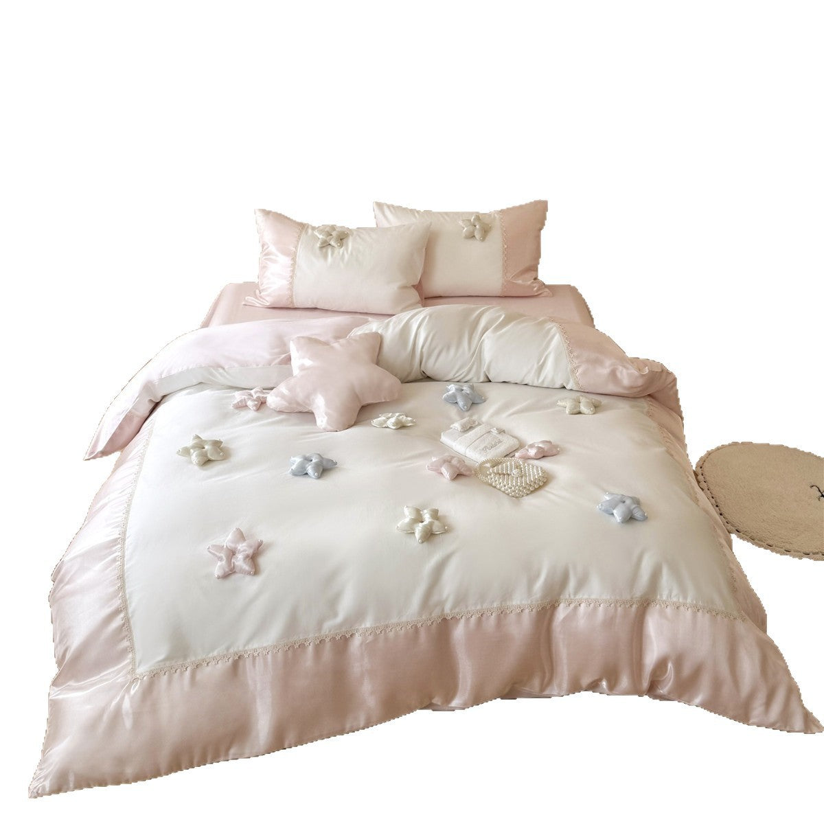 Luxus Seiden-Feeling Satin Bettbezug Set mit 3D Stern Applikation & Spitzenrand