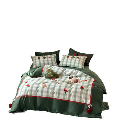 Weihnachtliche Baumwollsatin-Bettwäschegarnitur mit kariertem Patchwork, gestickten Applikationen und Pompon-Details Brehn
