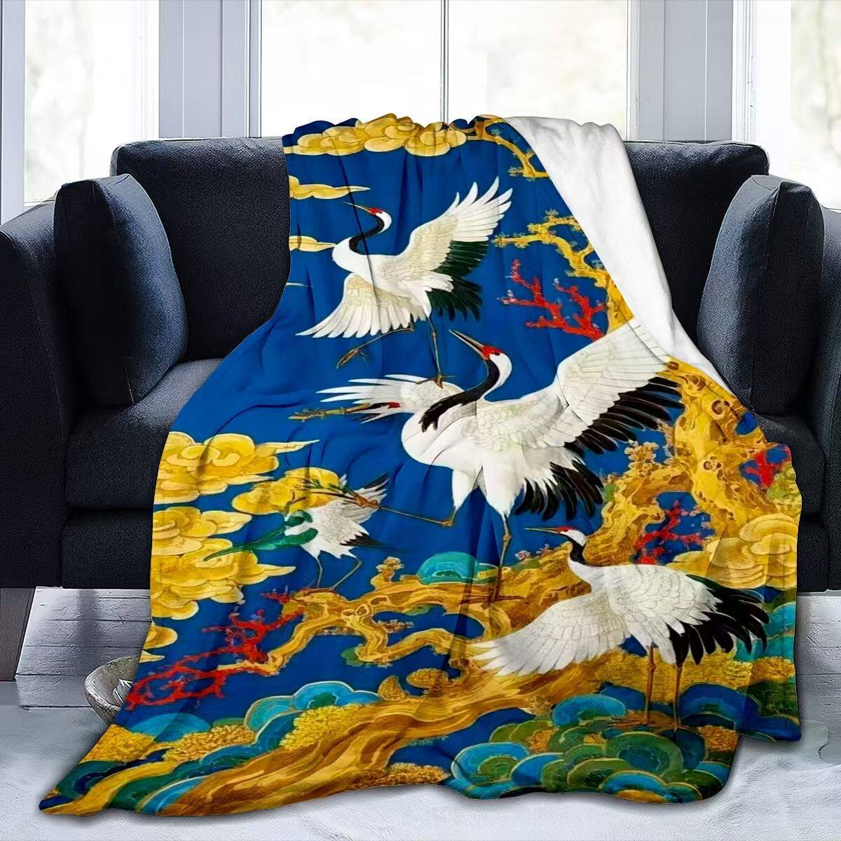 Elegante Kranich-Muster Fleece-Wurfdecke