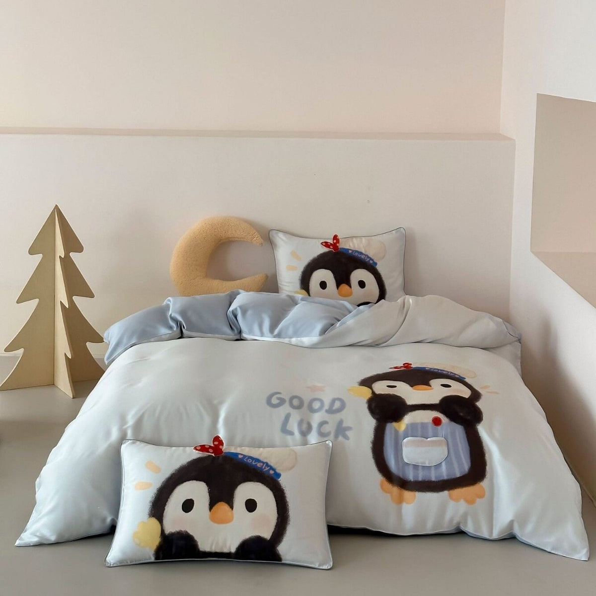 Kinder-Bettwäsche-Set mit niedlichem Pinguin-Motiv aus weichem Baumwollsatin und extraweichem Kopfkissen