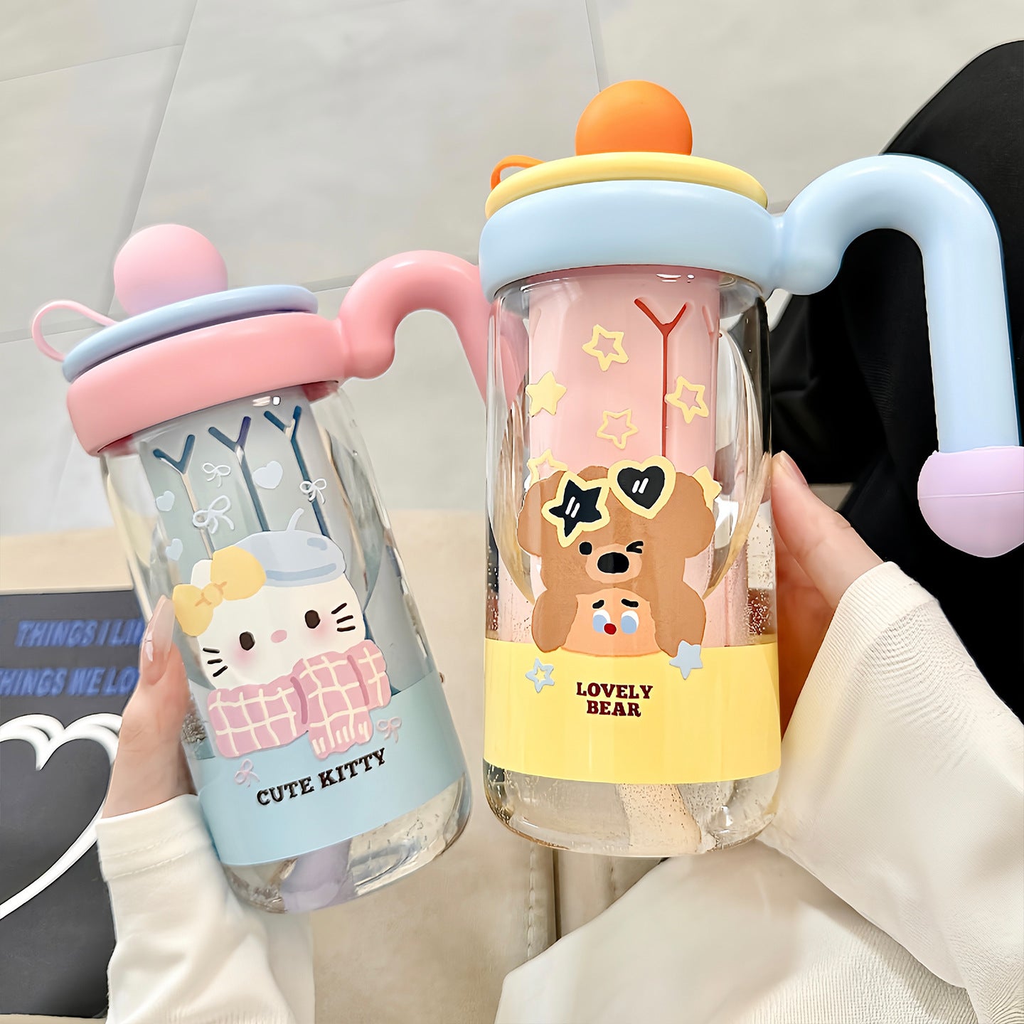 Damen Trinkflasche mit verspieltem Katzenmuster Brehn