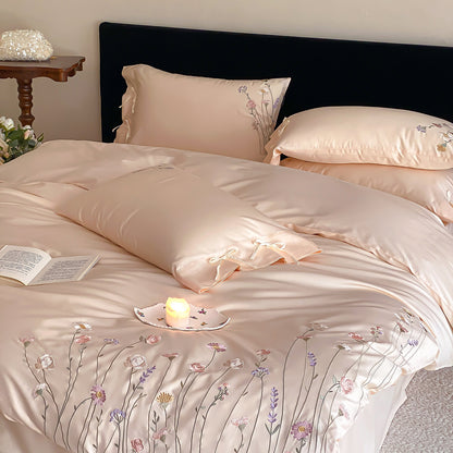 Seidiger bestickter floral Satin Bettbezug Set mit Schleifen-Kissenbezügen