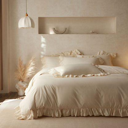 Rüschensaum Gewaschenes Baumwollbettbezug & Kissenbezug Set