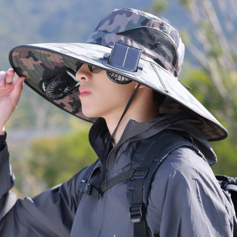 Breite-Krempe Outdoor Sonnenhut mit solarbetriebenem Mikroventilator, atmungsaktivem Mesh und verstellbarem Kinnriemen Brehn