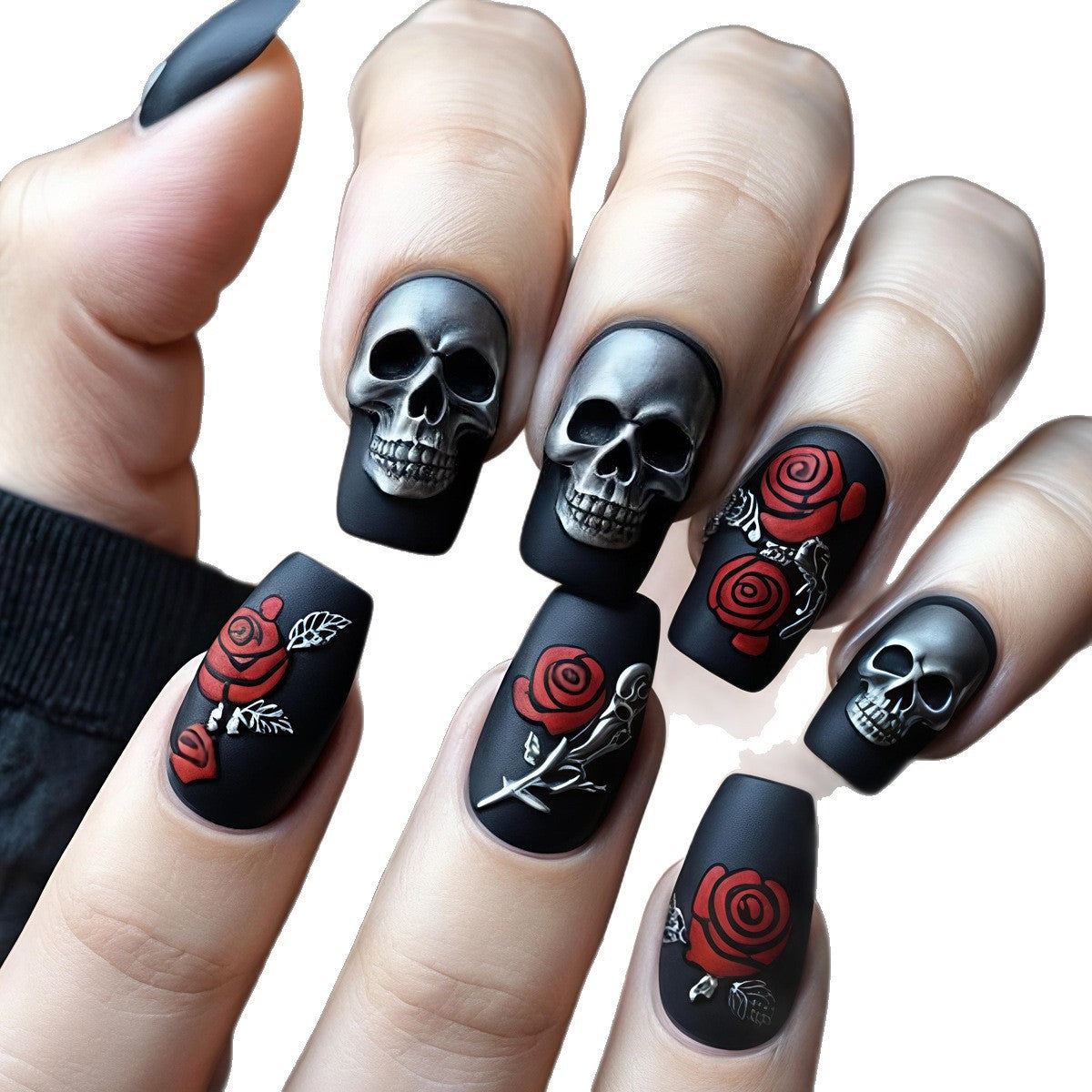 Kreative Kunstnägel mit Totenkopf- und Rosenmotiven Brehn