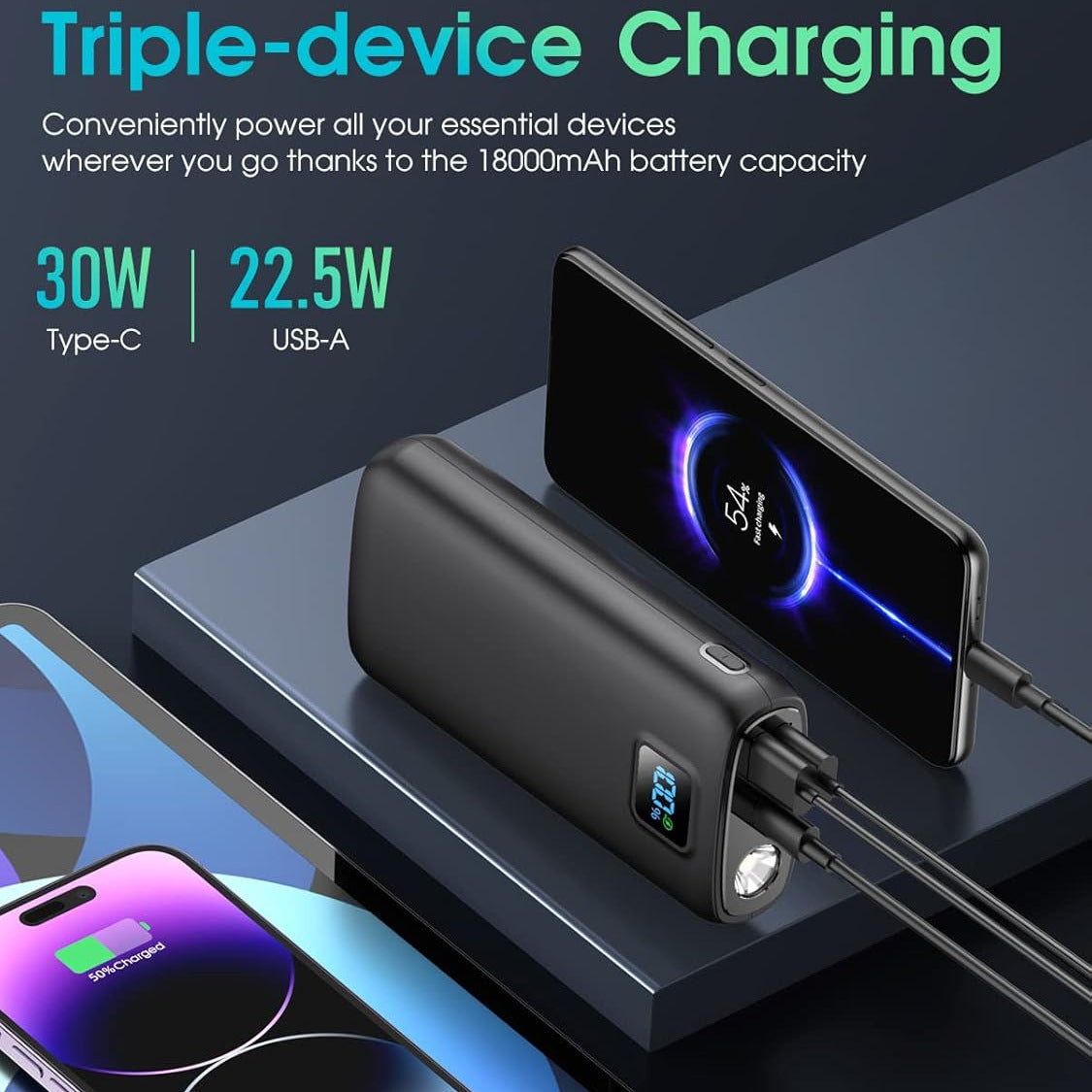 Tragbare Powerbank mit Digitalem LED-Display und Taschenlampenfunktion Brehn