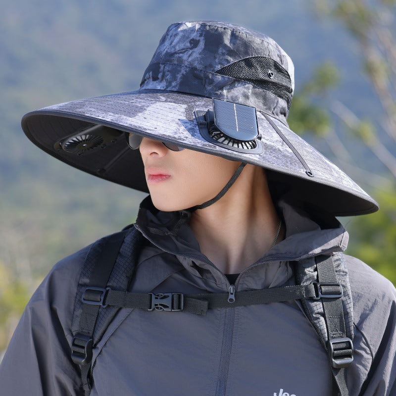 Breite-Krempe Outdoor Sonnenhut mit solarbetriebenem Mikroventilator, atmungsaktivem Mesh und verstellbarem Kinnriemen Brehn