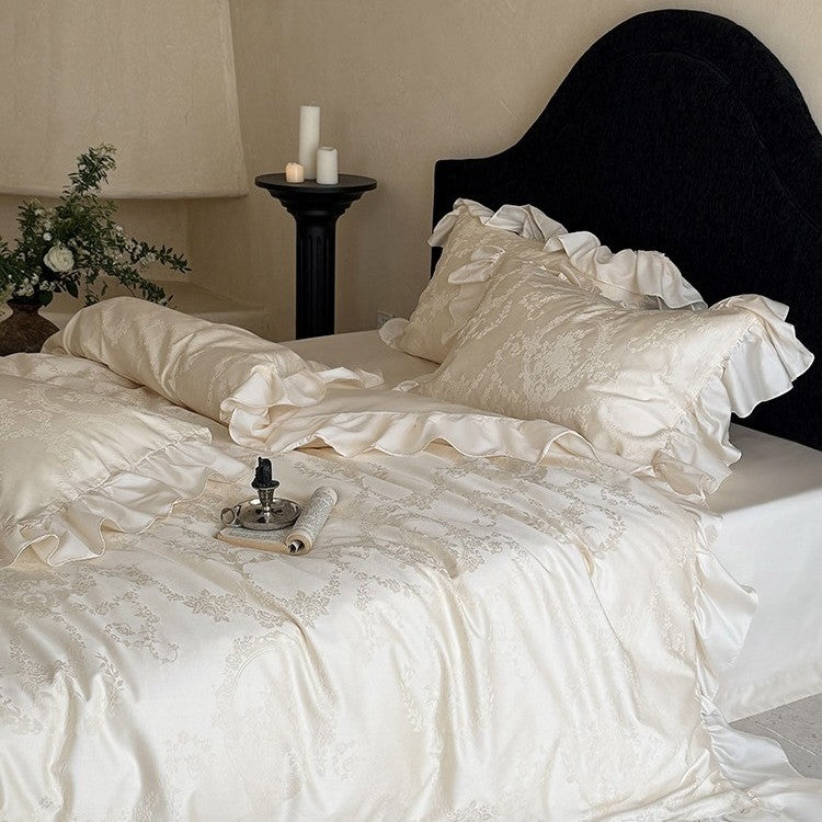 Elegantes Bettwäscheset mit Jacquard-Blumenmuster, Volant und weichem Baumwollsatin