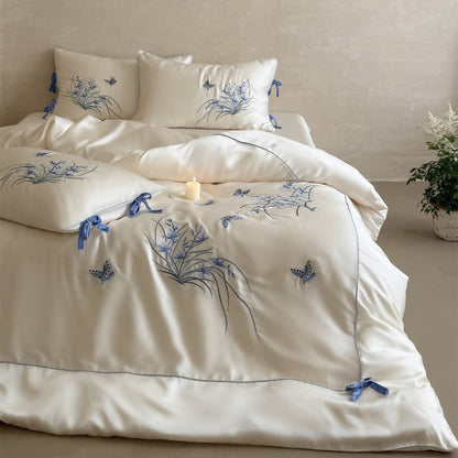 Bestickte Satin-Feeling Bettbezug Set mit Eckbindungsakzenten