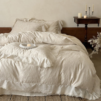 Luxuriöses Botanisches Jacquard-Bettwäsche-Set mit Wellenförmigem Spitzenbesatz Steppbettbezug & Kissenbezügen