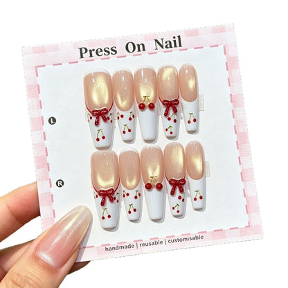 Künstlerisches Press-On Nagelset mit Kirsch- und Schleifenmotiven