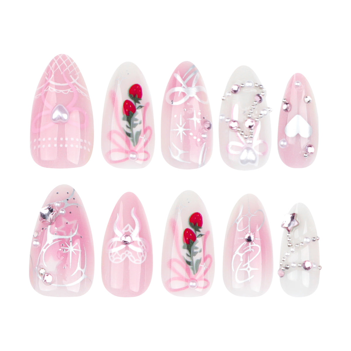 Künstliche Nagelkunst mit romantischem Design und Glitzerakzenten Brehn