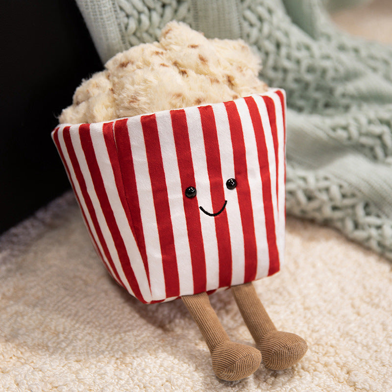 Kawaii Popcorn Box Plüschspielzeug mit fuzzy Popcorn-Deckel und baumelnden Strickbeinen Brehn