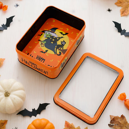 Halloween-Metallbox mit Sichtfenster und Hexenmotiv