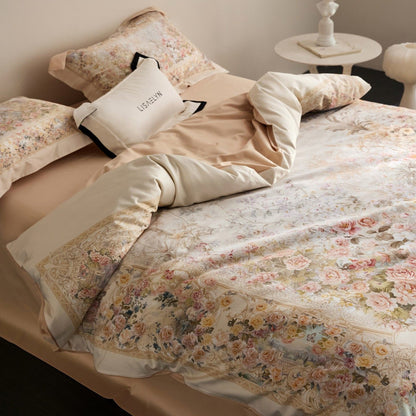 Blumen Satin-Feel Bettdeckenbezug-Set mit Oxford-Kissenbezügen