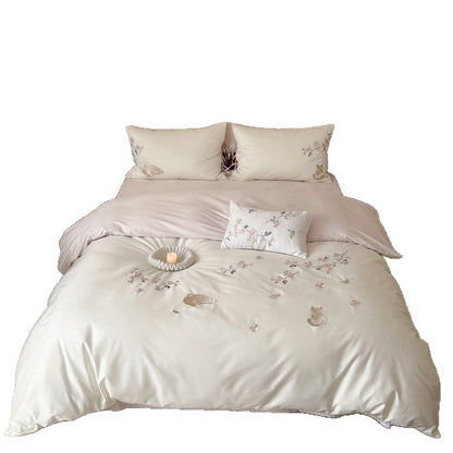 Elegante bestickte Bettwäsche-Garnitur aus Baumwollsatin mit Katzen‑ und Blumenmotiv Brehn