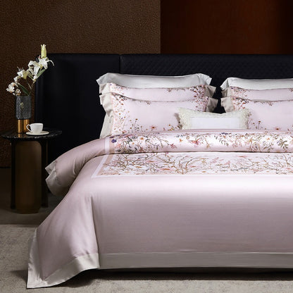 Luxe Satin-Feel Floral Mittel-Panel Bettbezug Set mit Gerolltem Bolster & Euro Kissenbezügen