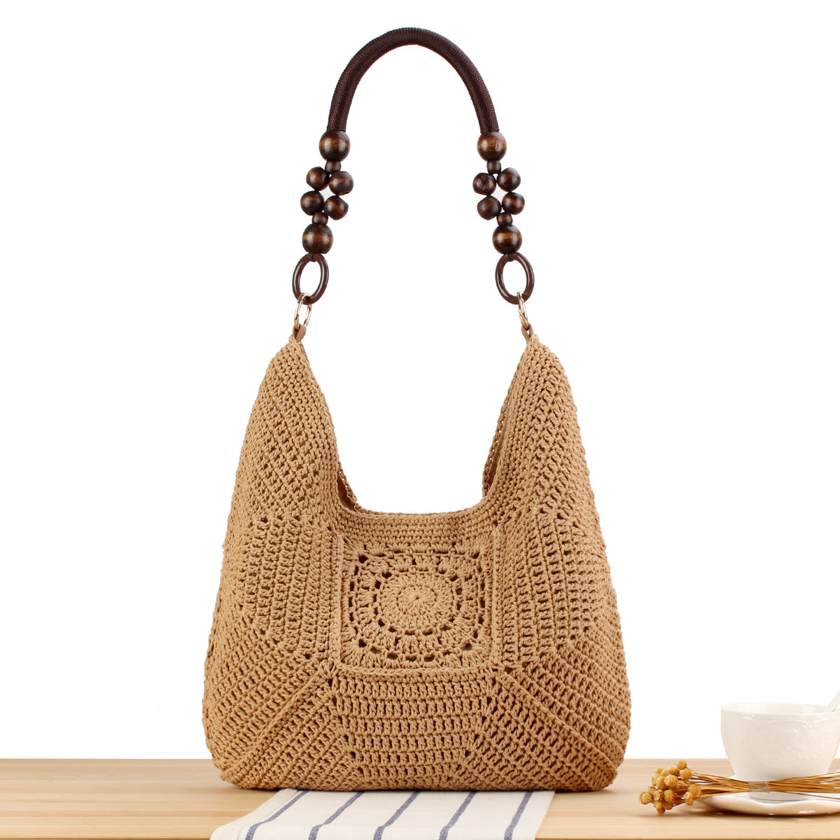 Handtasche Aus Handgeknüpftem Naturmaterial mit Stilvollen Holzgriffen Brehn