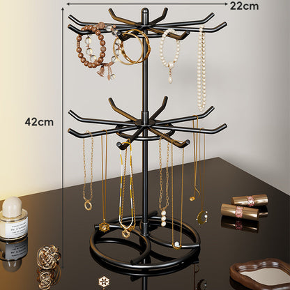 Rotierender gestufter Schmuckorganizer-Ständer mit Mehrarm-Haken und runden Ringtabletts