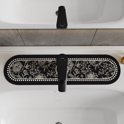 Decorative Oval Silicone Faucet Splash Guard Mat with Floral Engraved Print and Non-Slip Backing