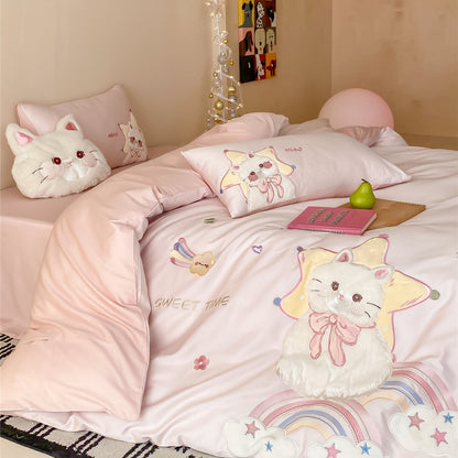 Plüschgesticktes Baumwollsatin Bettwäsche Set mit Katzenmotiv