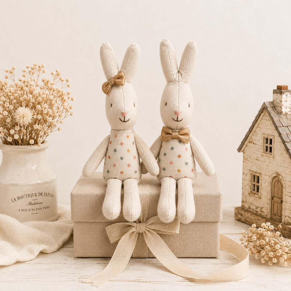 Handgenähte Leinen-Hasen-Schnuffeltuch-Puppe mit Karo-Taschenkleid