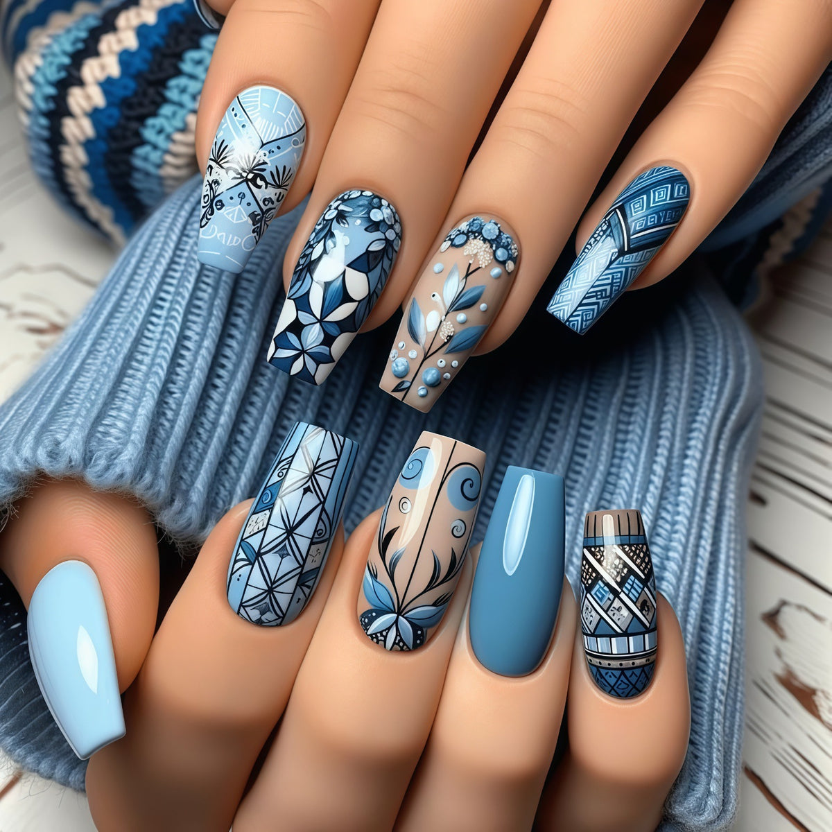Kunstnägel mit floralem und geometrischem Design Brehn